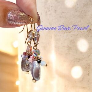 Chic Gold and Pink/purple Biwa Pearl Earrings